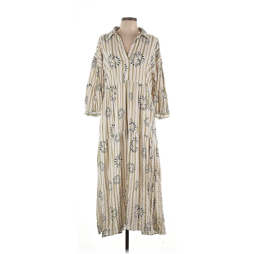 Anthropologie LouLou Avenue Maxi Dress Tiered Striped Sun Collared Shirt Cream